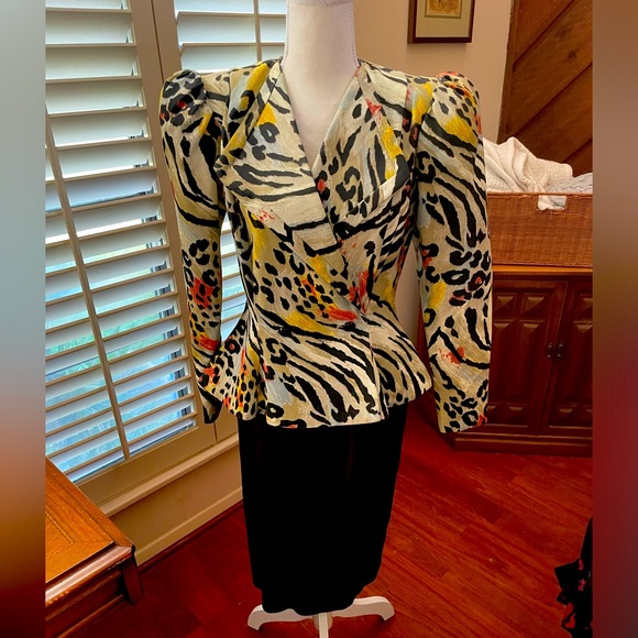 Selah animal print suit blazer skirt set sz 6 cotton double breasted long sleeve - Picture 2 of 16